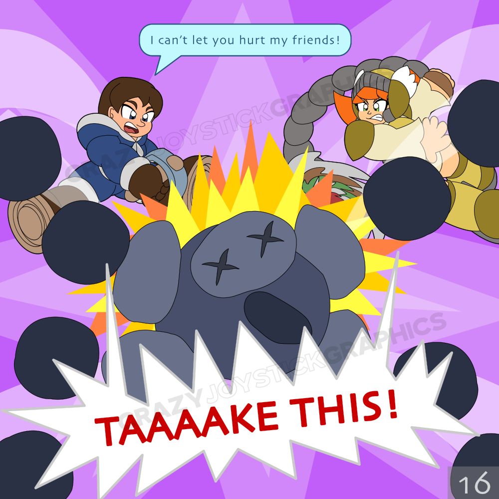 Zachary and Mikayla lunge at the golem.

Zachary exclaims “I can’t let you hurt my friends!”

He and Mikayla holler “TAAAAKE THIS!” And destroy the golem in unison.