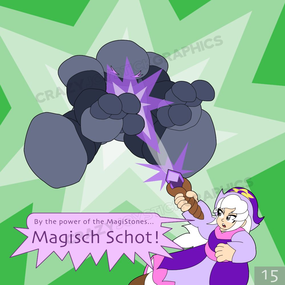 Hex fires a magic projectile at the golem, chanting “By the power of the MagiStones… Magisch Schot!”