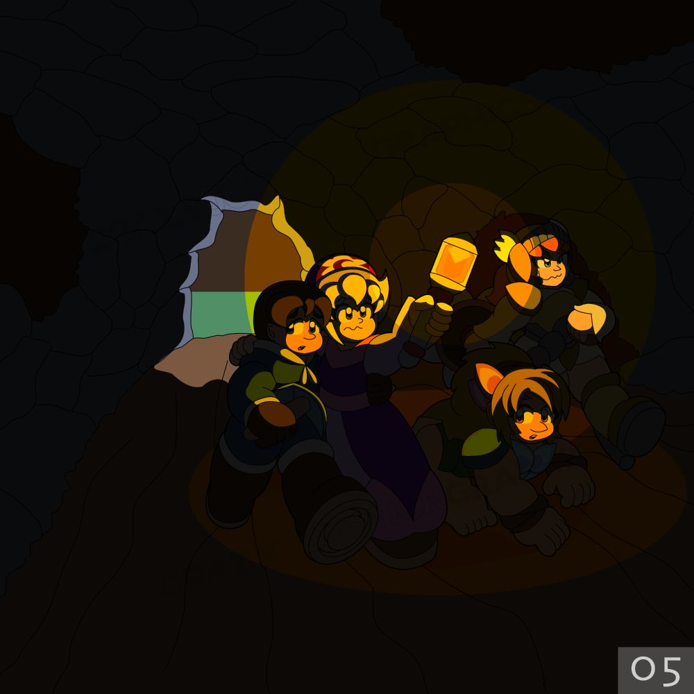 The crew walks into the cave, with Hex using her staff to light the way with a Fire MagiStone.

She and Zachary are scared, holding each other, while Vlinder and Mikayla walk beside them.
