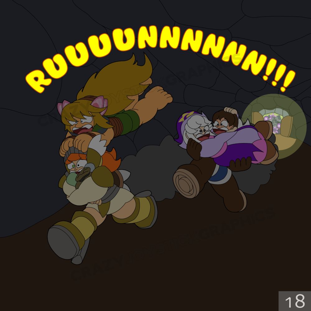 “RUUUUNNNNNN!!!”

The team runs out of the room through the tunnel. Vlinder is riding on top of Mikayla, while Zachary carries Hex.