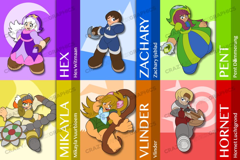 Left to Right, Top to Bottom:

Hex Witmaan, Zachary Ijsblad, Pent Dämmerung, Mikayla Vuurbloem, Vlinder, Hornet Luchtgrond