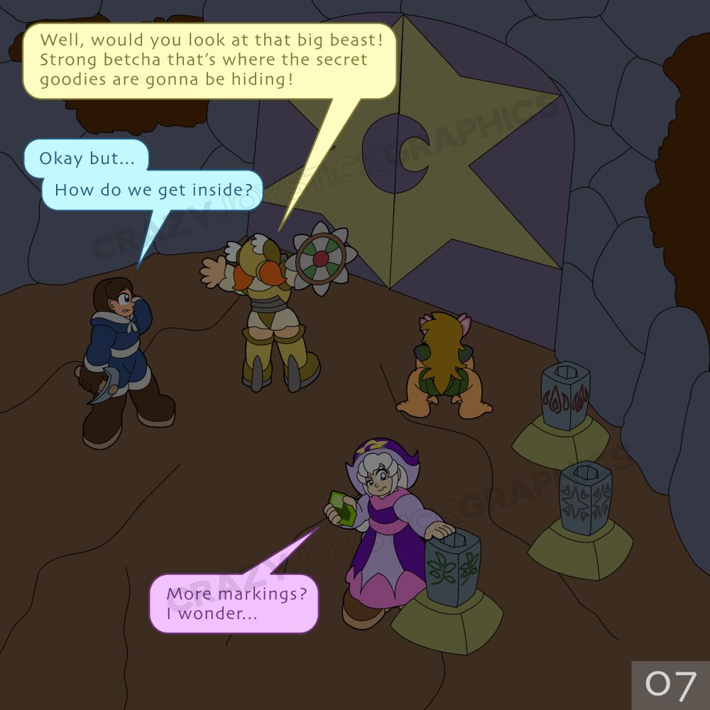 The team come across a giant door with a magic crest on it.

Mikayla exclaims “Well, would you look at that big beast! Strong betcha that’s where the secret goodies are gonna be hiding!”

Zachary responds “Okay but… how do we get inside?”

Hex notices pedestals with magic markings on them and takes out a Plant MagiStone.

“More markings?” She asks. “I wonder…”