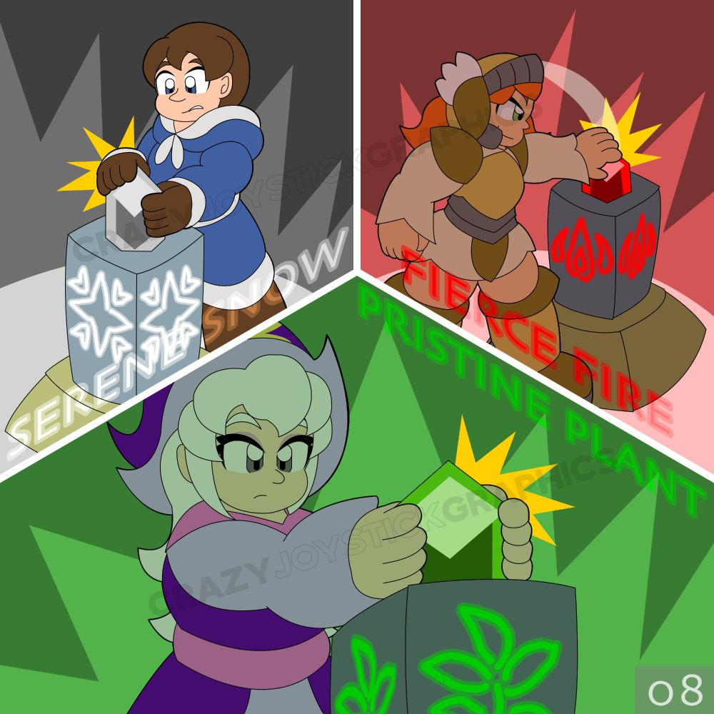 Zachary puts down a Snow MagiStone into the Snow pedestal. The text “SERENE SNOW” is on his panel.

Mikayla slams down a Fire MagiStone into the Fire pedestal. The text “FIERCE FIRE” is on her panel.

Hex places a Plant MagiStone into the Plant pedestal. The text “PRISTINE PLANT” is on her panel.