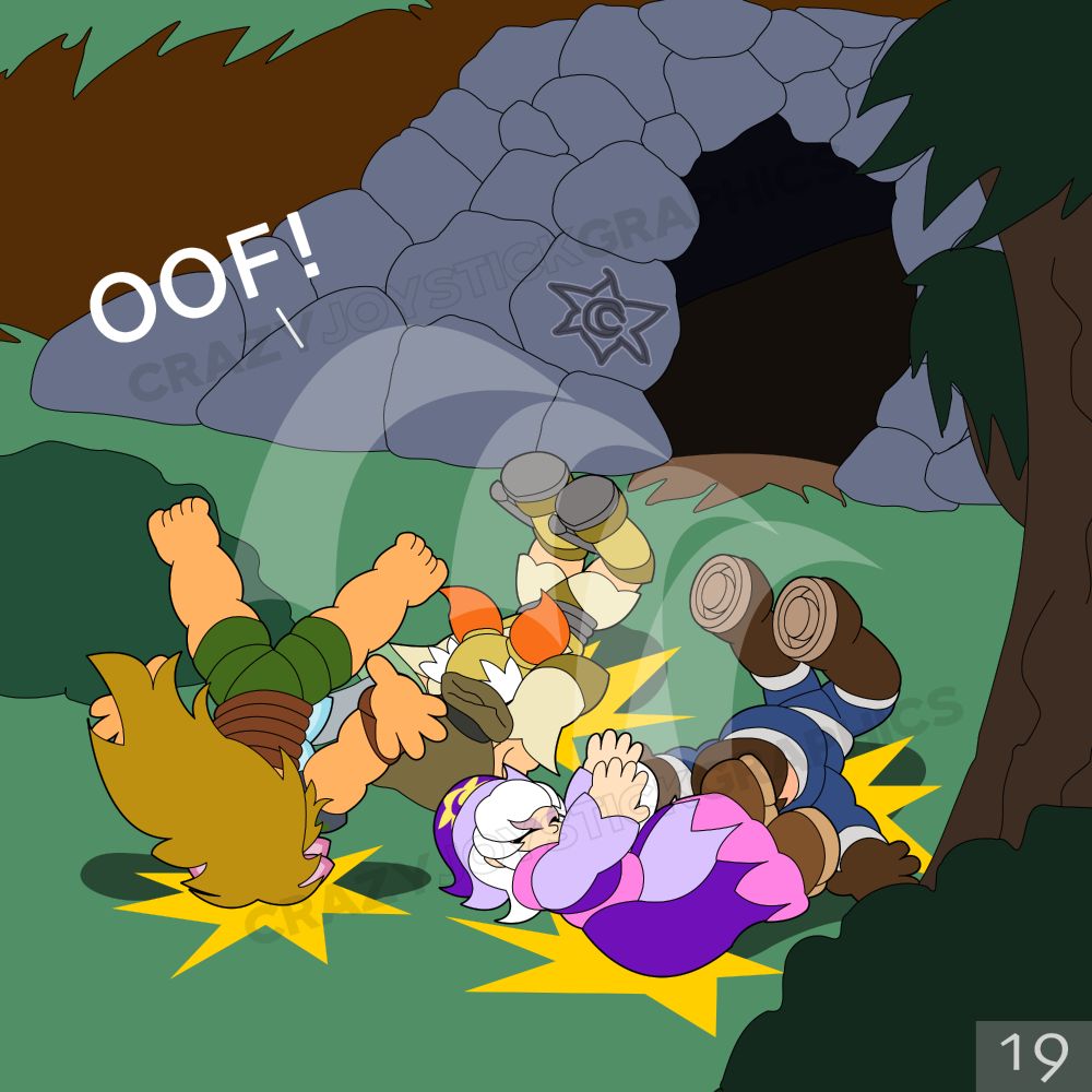 Everyone escapes the cave, falling onto the ground with a thud.