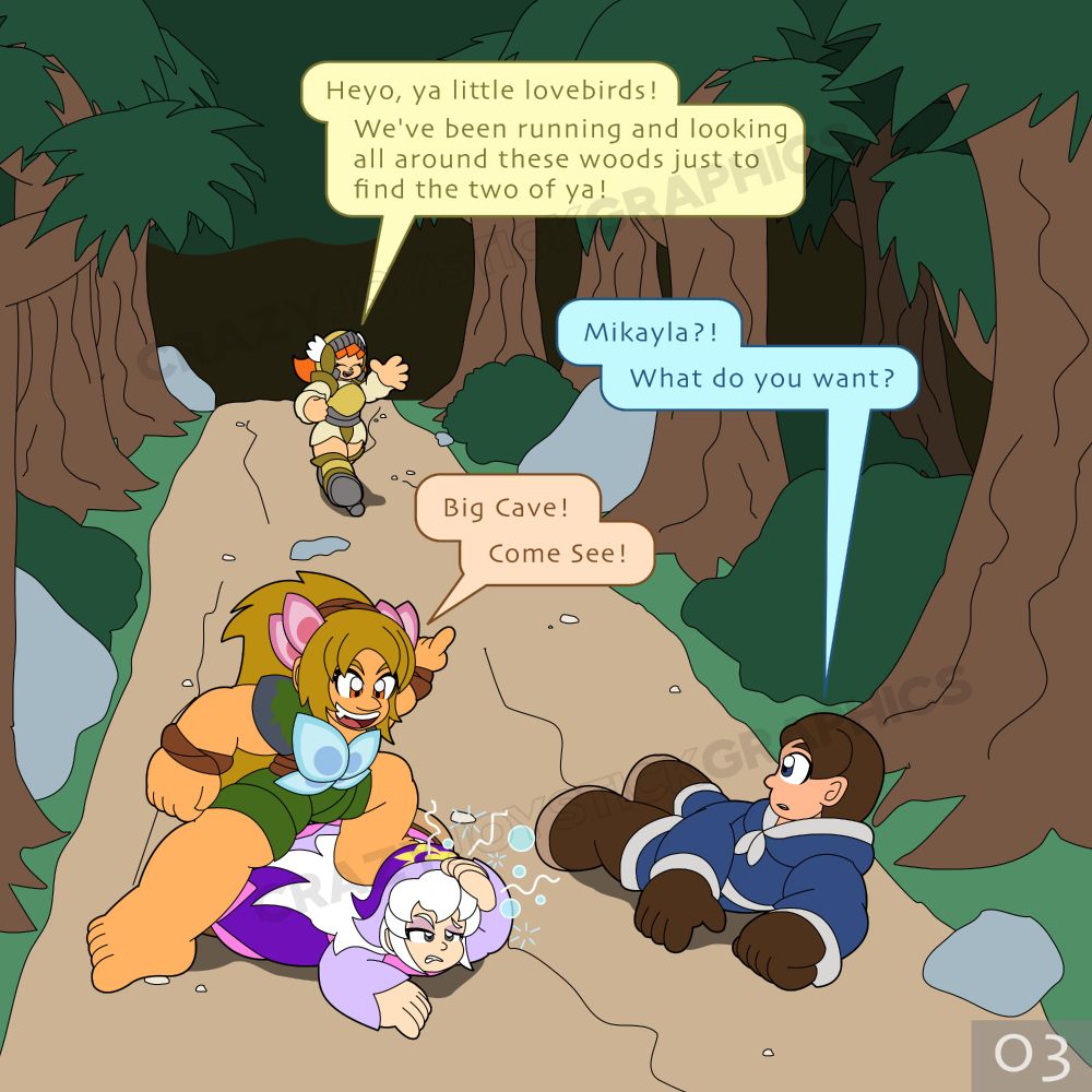 Mikayla arrives onto the path, and in the distance shouts “Hey, ya little lovebirds! We’ve been running and looking all around these woods just to find the two of ya!”

Zachary, now fallen on the floor, replies “Mikayla?! What do you want?”

Vlinder, standing on top of a fallen dazed Hex, exclaims “Big Cave! Come See!”