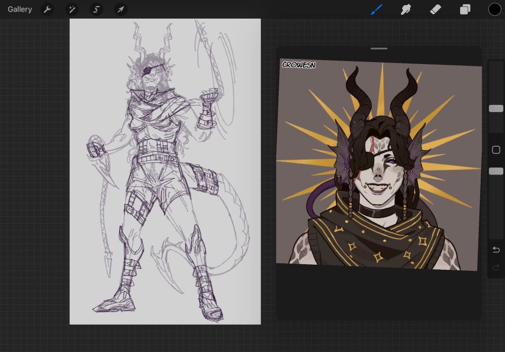 a sketch of a tall, muscled butch with draconic & demonic features wielding two whip-knives.