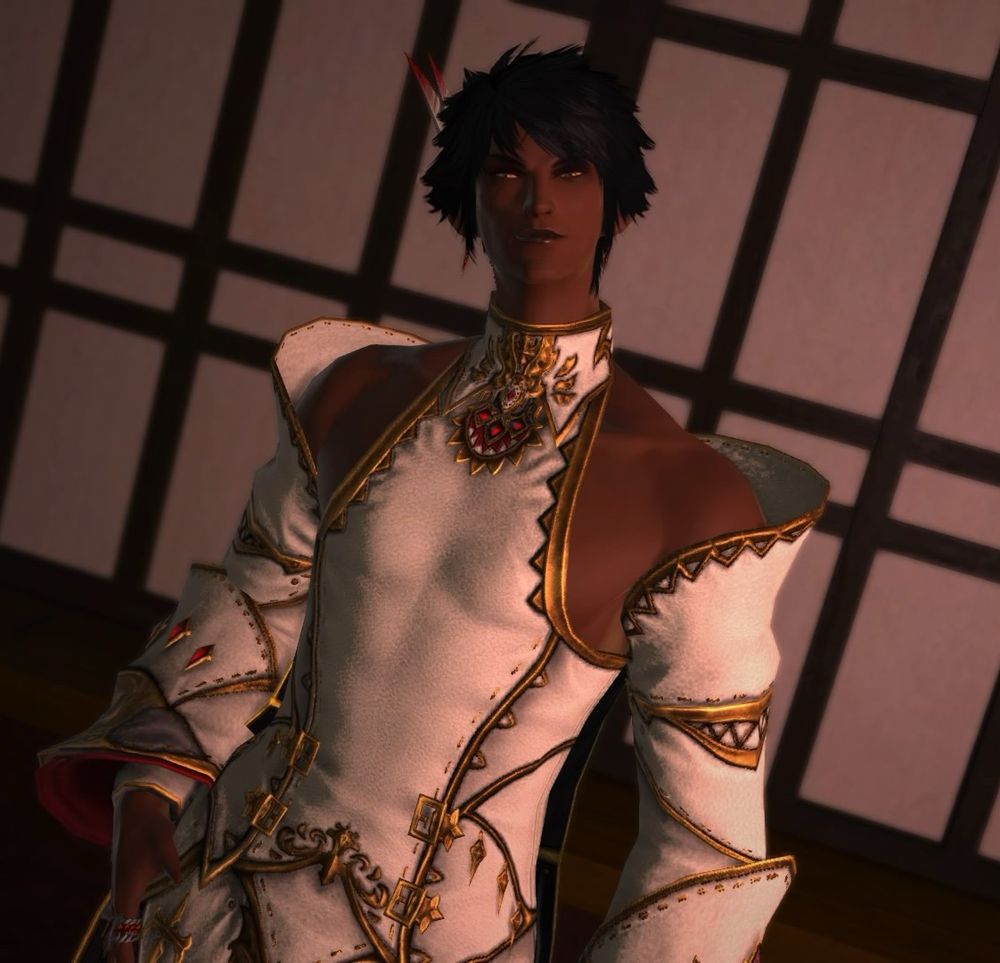 An elezen smirking at the camera in low light