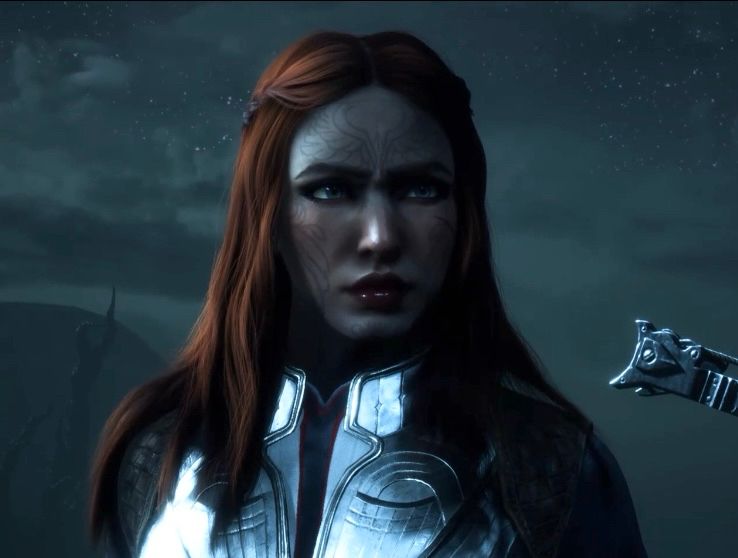 An animated snap shot of a young white woman with red hair in silver armor from the video game Dragon Age The Veilguard. She’s making an angry/ intense expression. The background is dark with over cast skies and it has a bleak mood. 