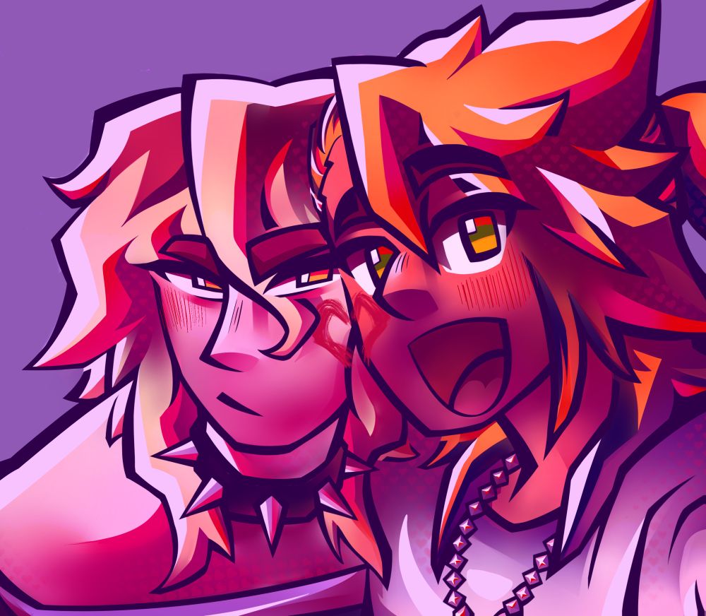 two guys seemingly posing for a selfie. Each of their cheeks has a hand-drawn half heart that connects together as they press their faces against each other.