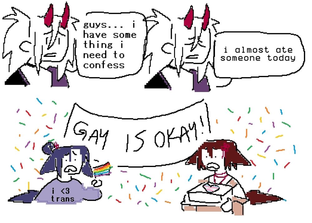 badly drawn pixel comic featuring Ayasaki, Momiji, Shigure. Ayasaki shamefully says "Guys... I have something I need to confess. I almost ate someone today"
Shigure and Momiji have laughably worried faces as they stand in front of a banner saying "gay is okay!" with confetti everywhere. It is implied they thought Ayasaki would be coming out as queer rather than sharing a horrifying secret.