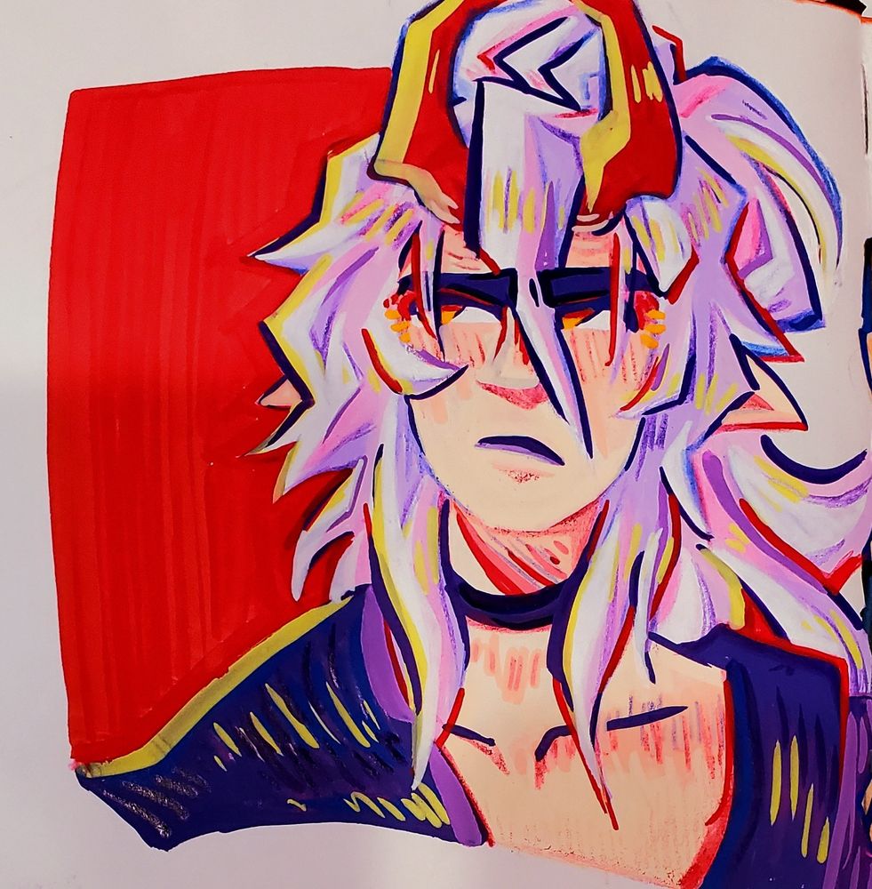 close-up of painted portrait of an androgynous figure with bright red horns.