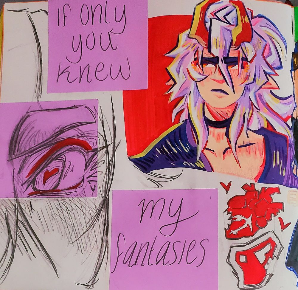 collaged page with a painted portrait on the right corner and a sketch of an eye with heart pupils on the left. Writing on the page states "If only you knew my fantasies." Drawings of a heart and meat piece with chewed parts next to the text.