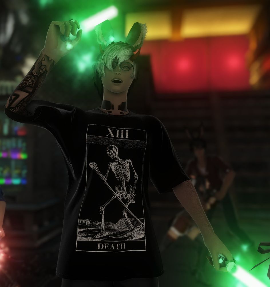 in-game GPose of my Warrior of Light cheering with glowsticks at the club Bassment