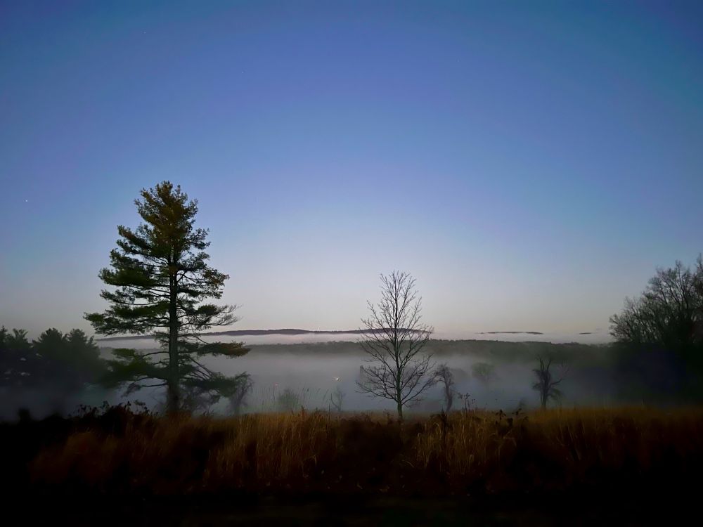 Foggy mountain range looking eastward toward the Pelham hills