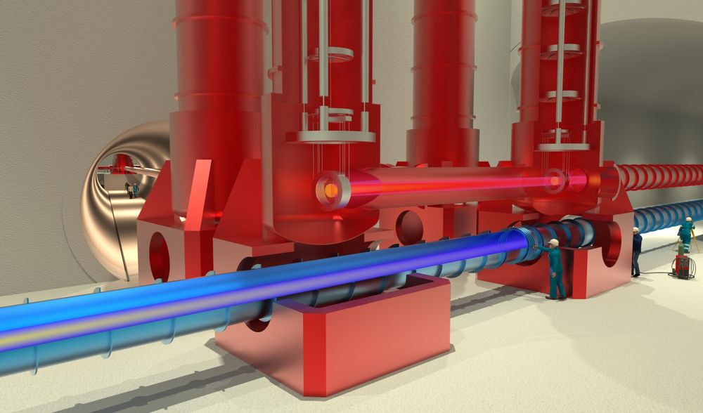 Rendered illustration of the Einstein Telescope’s underground vacuum infrastructure, featuring red support structures, colored laser beams, and engineers inspecting components inside a tunnel.
Marco Kraan/Nikhef