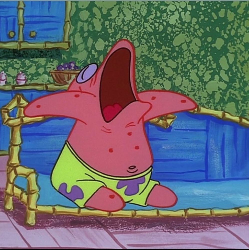 SpongeBob screenshot of Patrick loudly snoring while sitting upright on Squidward’s couch