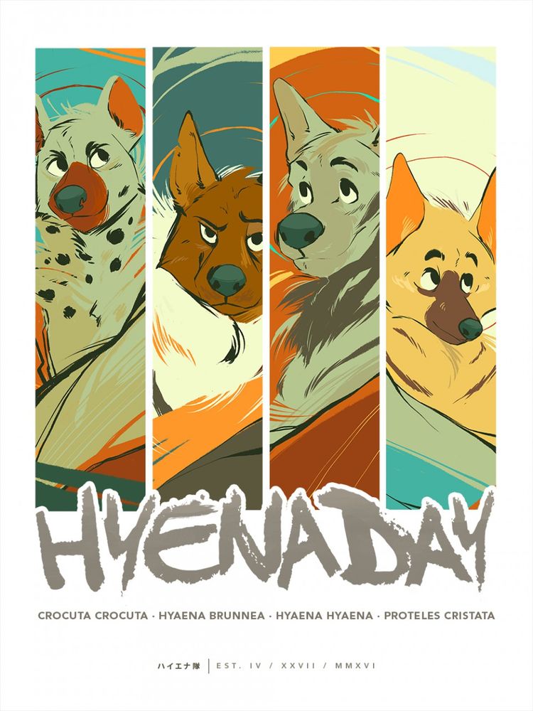 colorful digital illustration of the 4 hyena species