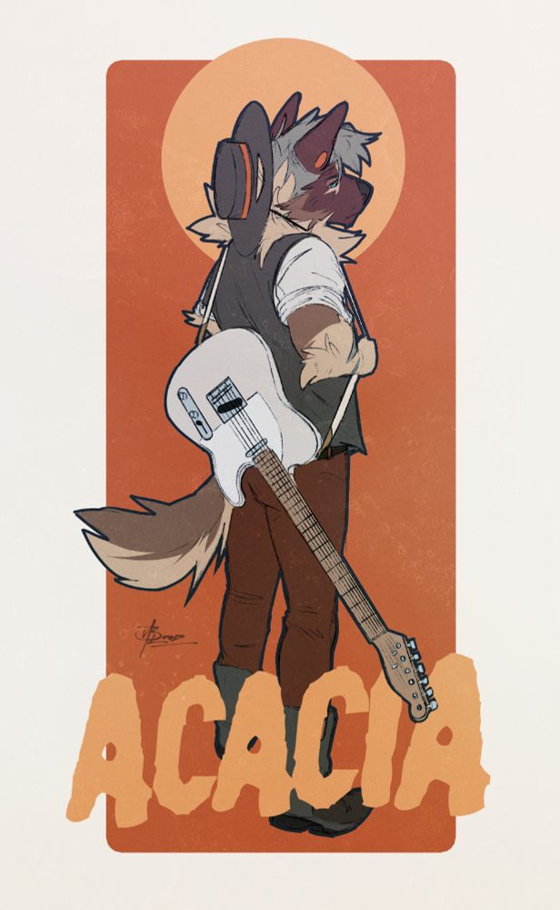 art of an anthropomorphic brown hyena in a cowboy outfit facing away from the viewer while looking back over his shoulder. he's got a cream colored telecaster hanging off his back and he's holding onto the strap with his right hand. he's standing in the middle of a rounded rectangle with a terracotta sort of rusty reddish color with a orangish tan circle behind his head. the name acacia is at the bottom of the image going across his feet in a sort of rugged jagged font that looks like it'd be in an old spaghetti western font. it's the same orangish tan color as the aforementioned circle. the headstock of the telecaster sticks out over the text towards the end implying a little bit of depth.