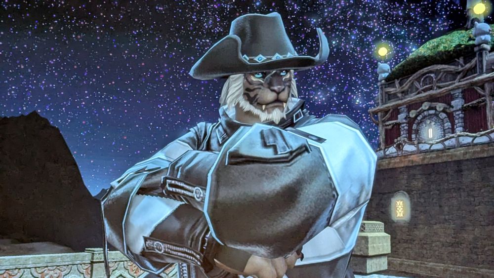 Hrothgar from FFXIV in black and white techwear and a cowboy hat