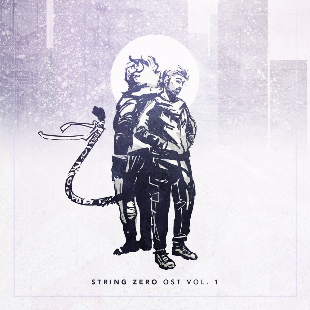 a bara male anthropomorphic tiger/snow leopard hybrid and scruffy male human with tied back hair stand back to back, the former facing away, the latter facing forward. they are drawn in a sketchy harshly contrasted style reminiscent of yoji shinkawa's work for metal gear solid. the background has a faint city skyline with snow falling and glitchy textures. everything has a slightly purple monochromatic tone.