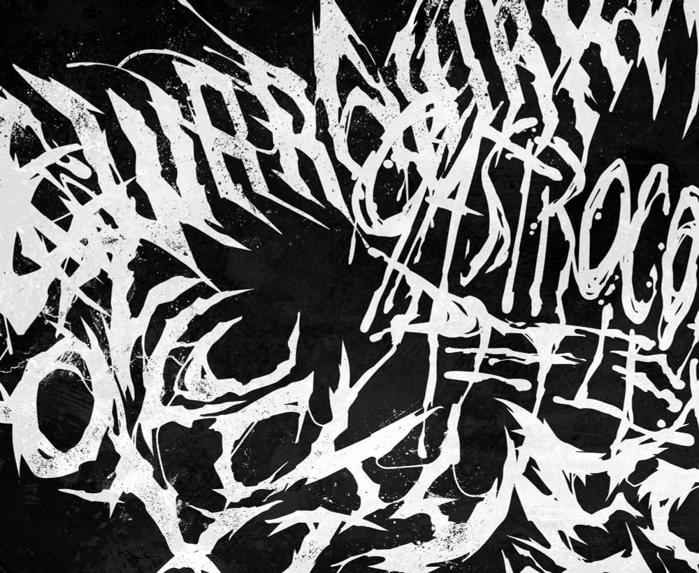 a collection of grindcore logoes in white on a textured black background. they're all at random angles and cropped so none are entirely legible. this is just a preview of some of the new ones I've gotten done, I'll show them all properly when I get a few more done to completely fill another example sheet.