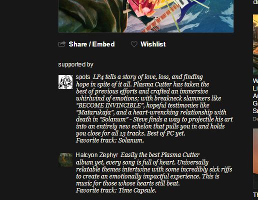 2 reviews for an album on bandcamp offering praise for it. the substance of the reviews is not the point of the screenshot as much as showing that the option to leave a review is available.