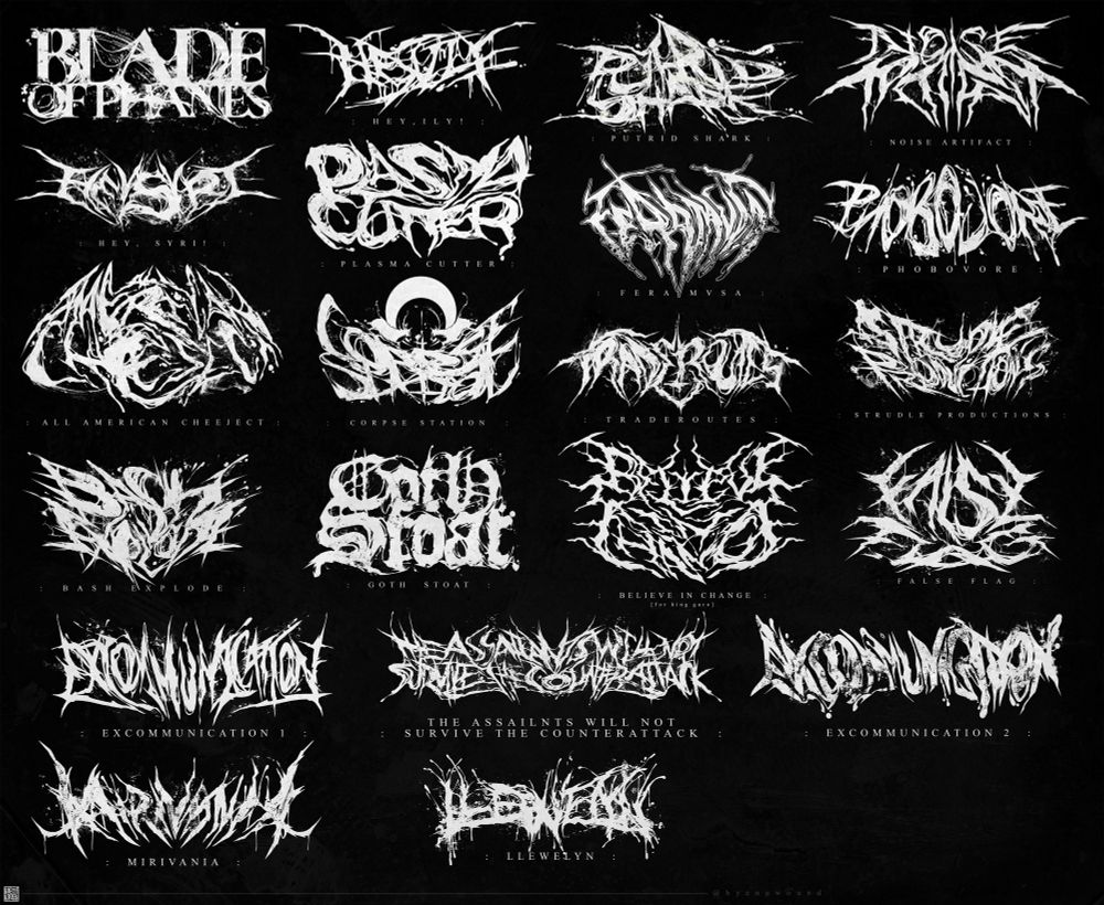 a collection of fucked up looking white grindcore stylized logos on a black background.