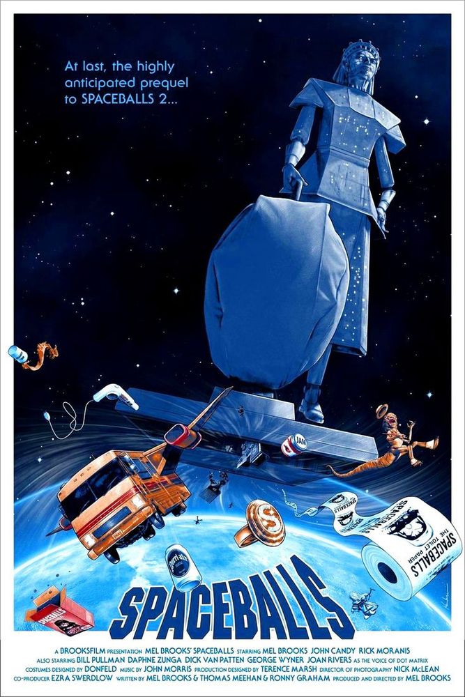 Movie poster for Spaceballs, which is the highly anticipated prequel to Spacebars 2, in which a giant vacuum cleaner lady that looks sort of like the Statue of Liberty and also the Death Star scoops up the atmosphere of the earth including a bus