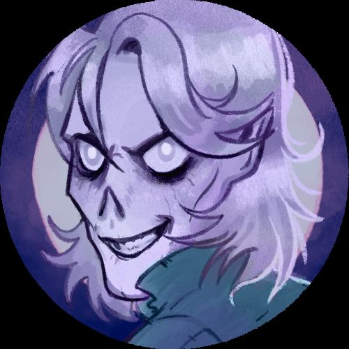 a changeling with a cruel and evil smile. he wears a ratty blue collared shirt. he has shoulder-length white hair that's a bit stringly, and his face is cast with a pallor of death. he is missing a tooth. this is just what he looks like because of all of his curses. he hasn't gone insane here