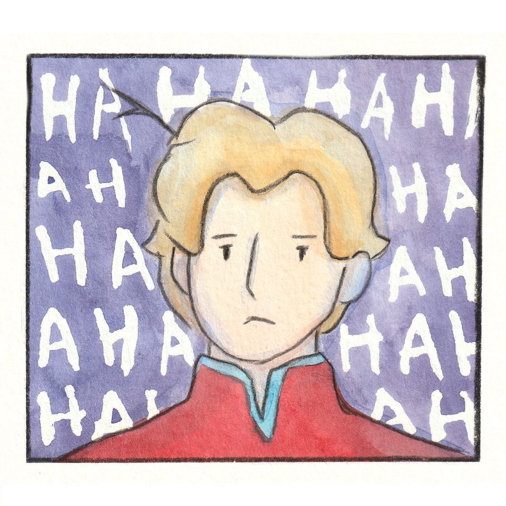 Boy with a stick stuck in his hair looks unamused and laughter sounds are around him