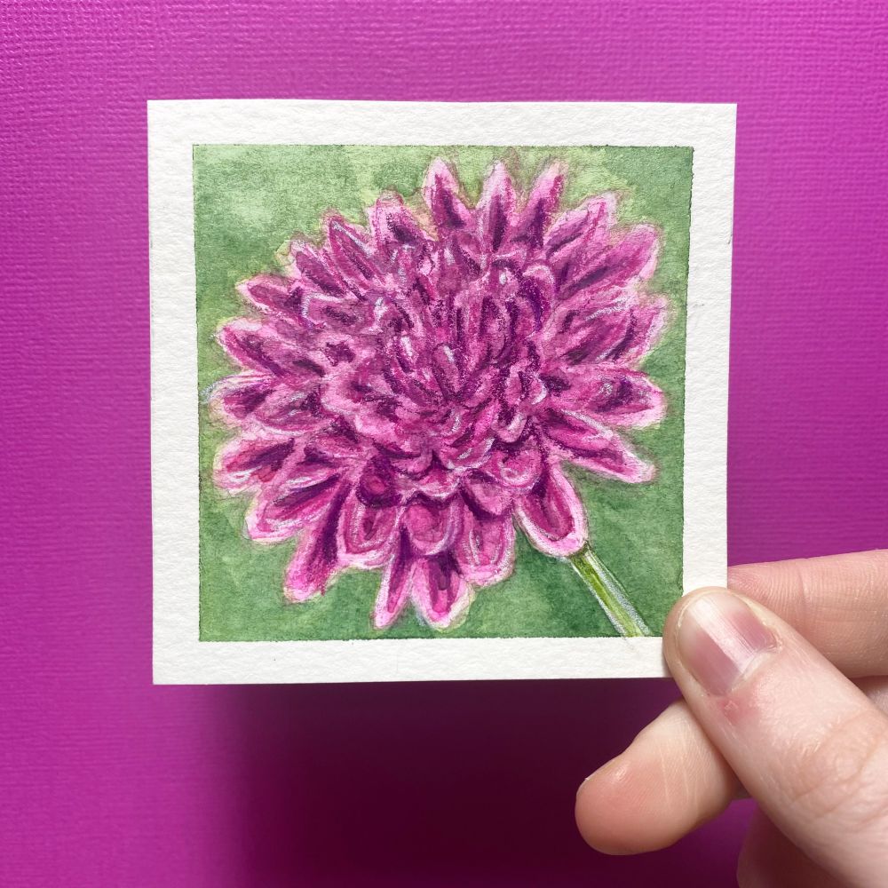 Hand holding a tiny painting of a pink chrysanthemum 