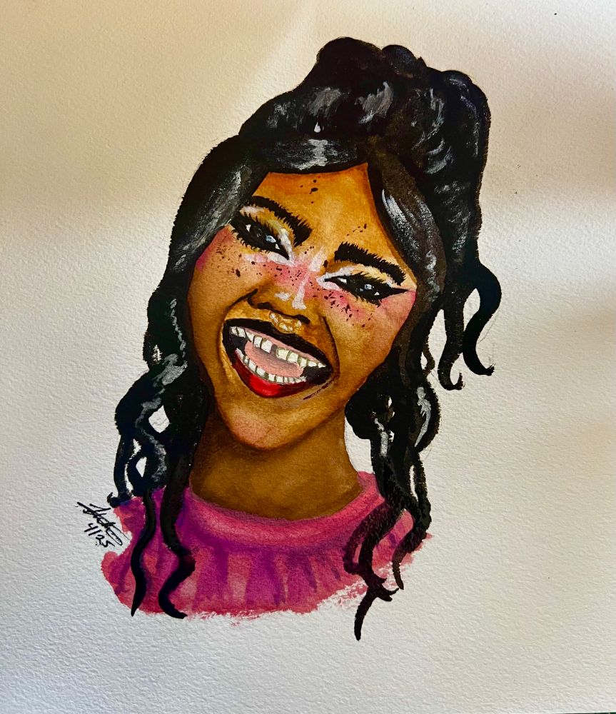 A bright portait of Anania, a drag performer and tik-tok creator done in watercolor paints