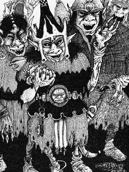 A bunch of grinning goblins wearing a variety of hats.