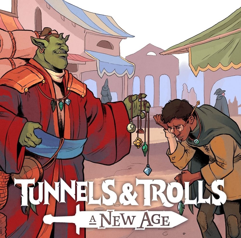 A black human wearing glasses and a green cloak inspects trinkets held up by an ogre.