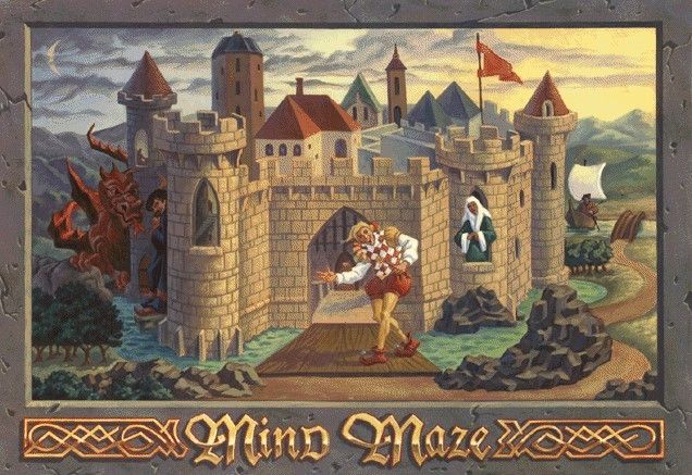 16 bit Mind Maze intro screen. A castle with various characters: a male jester, a robed wiman, a chuffing great red dragon