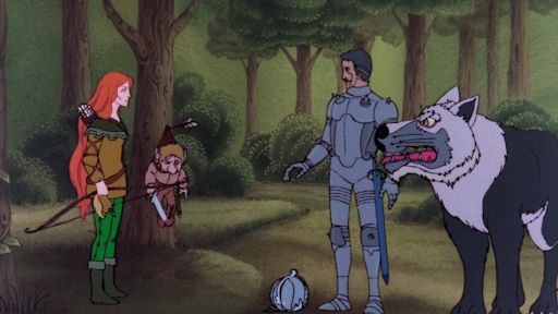 Forest scene. A small guy is hung on a tree with an arrow. A man in armour, woman with bow, and huge wolf thing look on