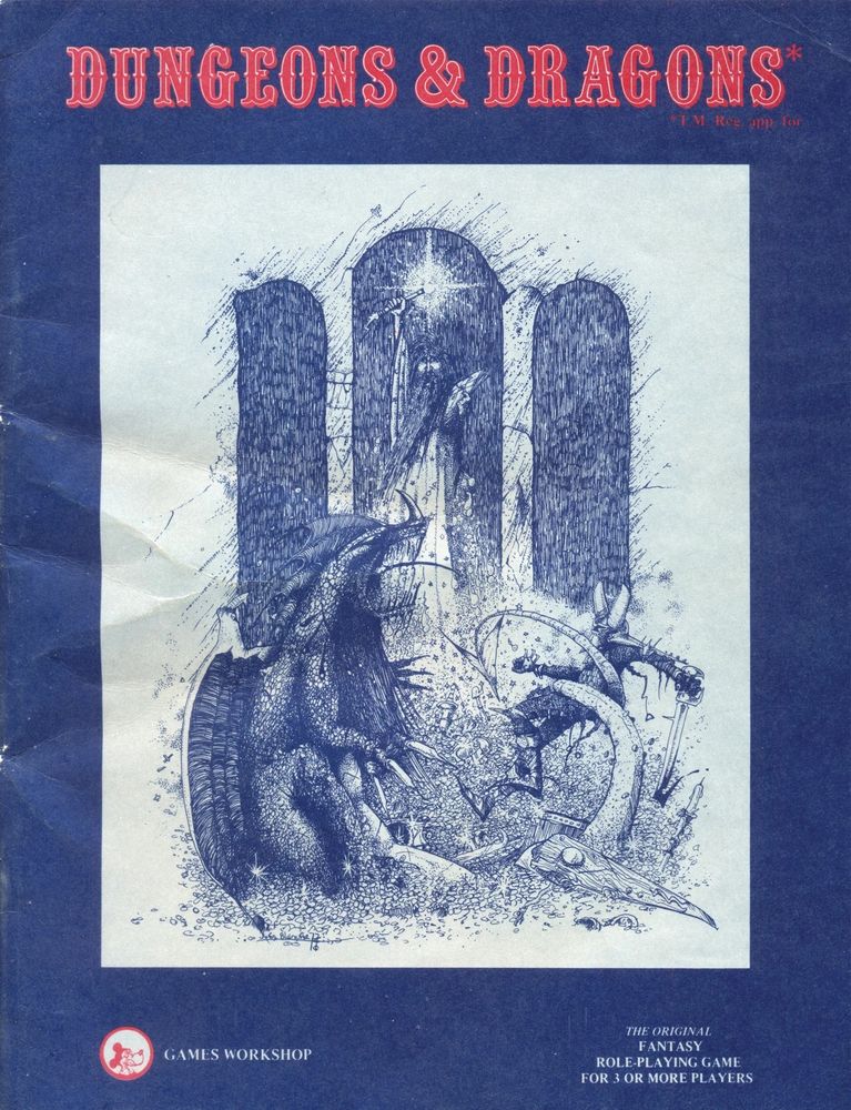 A blue D&D book cover. The art is blue and white - a dragon wrapping its tail around a fighter and a very tall wizard looking badass
