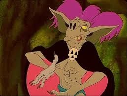 A goblin with a cloak and pink hair