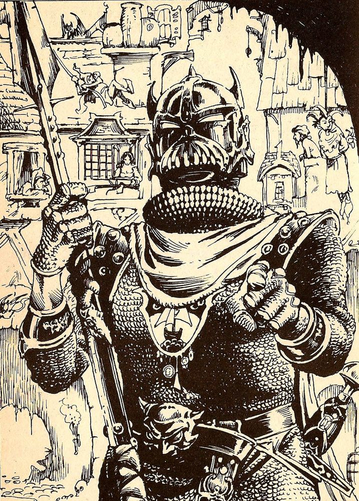 A heavily armoured guard with a helm that covers their face pointing at the viewer. A city behind him