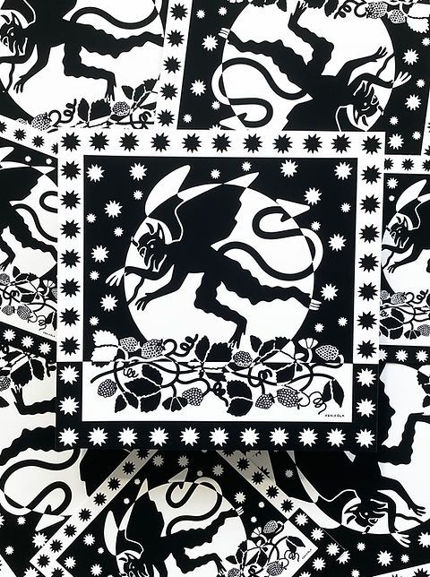 A black and white print of the devil hocking up on a bunch of blackberries