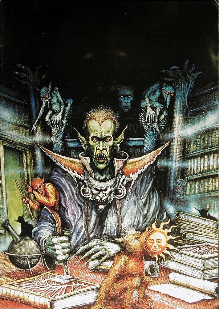 A green humanoid in ostentatious clothing surrounded by little demons. In a library