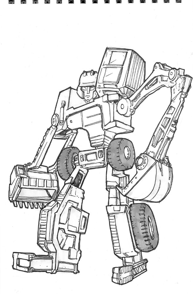 Black and white illustration with gray shading of a humanoid robot. His arms are the scoops/shovels of a backhoe loader, with the front shovel as his right arm, and the backhoe his longer, more articulated left arm. The driver's cabin forms his left shoulder. He has big tires on his hips and shins. His head is unmasked and unvisored, and his helmet resembles a hardhat. 