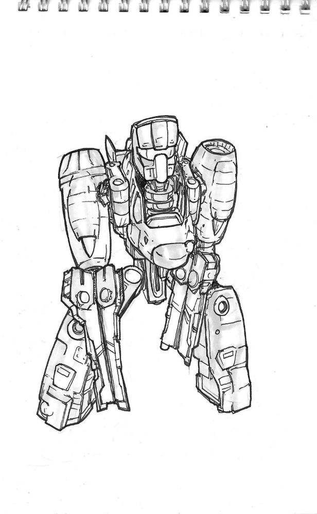 Black and white illustration of a humanoid robot. His upper arms are the tubular turbine nacelles of a twin-rotored helicopter, with the rotor blades folded down to become his closed-scissor-lik lower arms. His chest is the nose and cockpit of the copter, with his head extending from the roof. His lower legs are other parts of the fuselage. His face is masked and visored. 