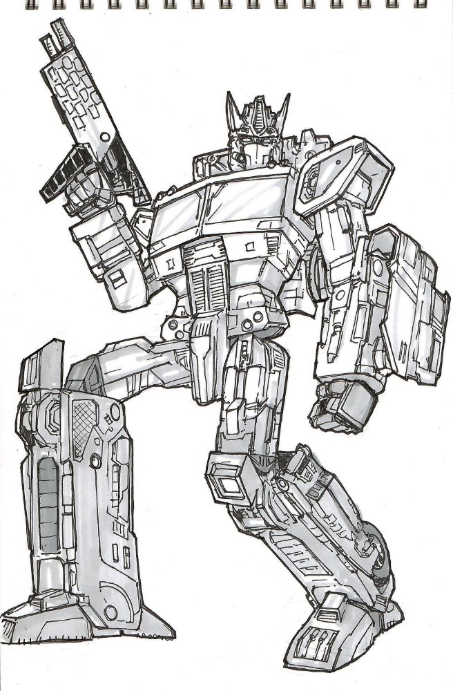 Black and white illustration of a humanoid robot, crouched in a ready-for-action pose, hoisting a rifle in his right arm. His torso has cues that he turns into a truck: broad windows for his pectorals and an engine grill for his abdomen. His shoulders are broad, and his forearms have the shell of a truck front on them. His long legs are boxy kneecaps, and armored calves that partially conceal truck tires. His face is shielded and his helmet have fins extending from the crown. 