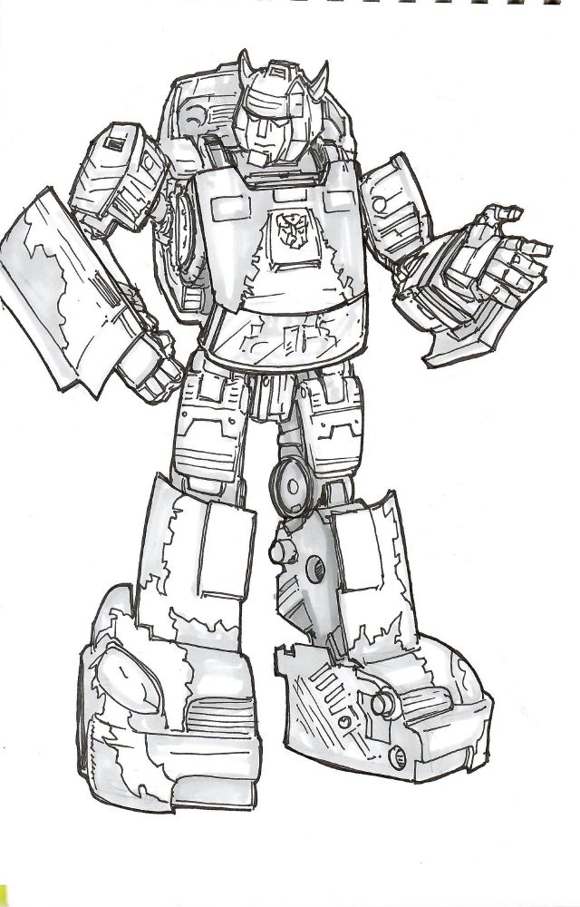 Black and white illustration of a humanoid robot character. Has a rounded, stocky build. His big boots have the front end of a car visible, with grill and headlights in the toes. His chest is a car roof, with a windshield for an abdomen and an Autobot symbol square in the center of the sternum. His arms have car doors on the outer forearms. His head has a helmet with short viking-like horns extending from the top, and his smiling, friendly face is visible. 