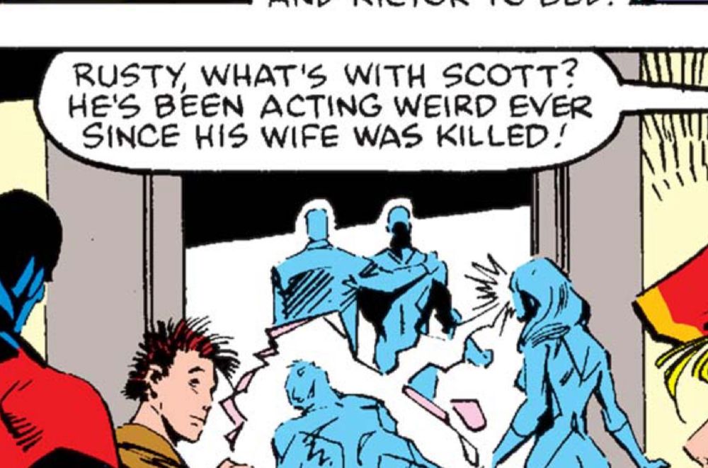 Screen grab of old comics panel with a word balloon reading: RUSTY, WHAT'S WITH SCOTT?
HE'S BEEN ACTING WEIRD EVER SINCE HIS WIFE WAS KILLED!