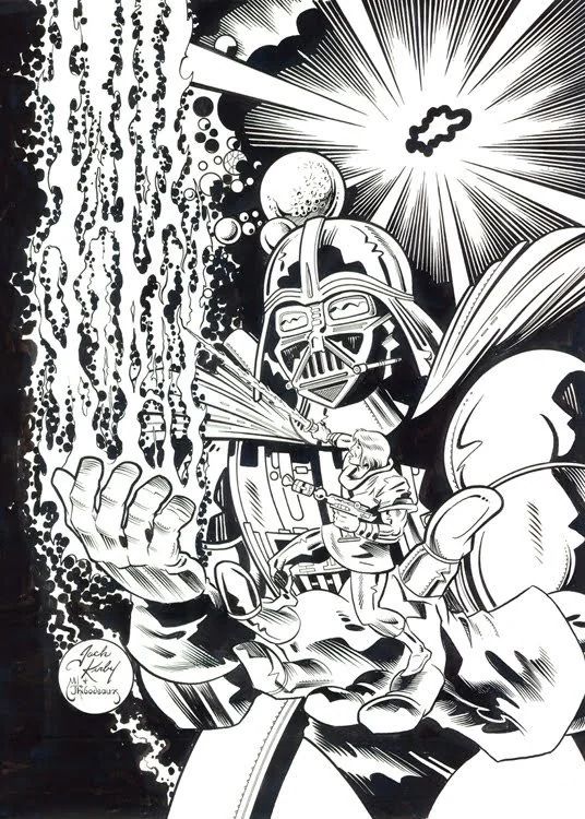 Black and white line art, signed by Jack Kirby of a giant Darth Vader holding a lightsaber- and blaster-wielding Luke Skywalker in his left hand and crackly cosmic energy rising from his right hand. 