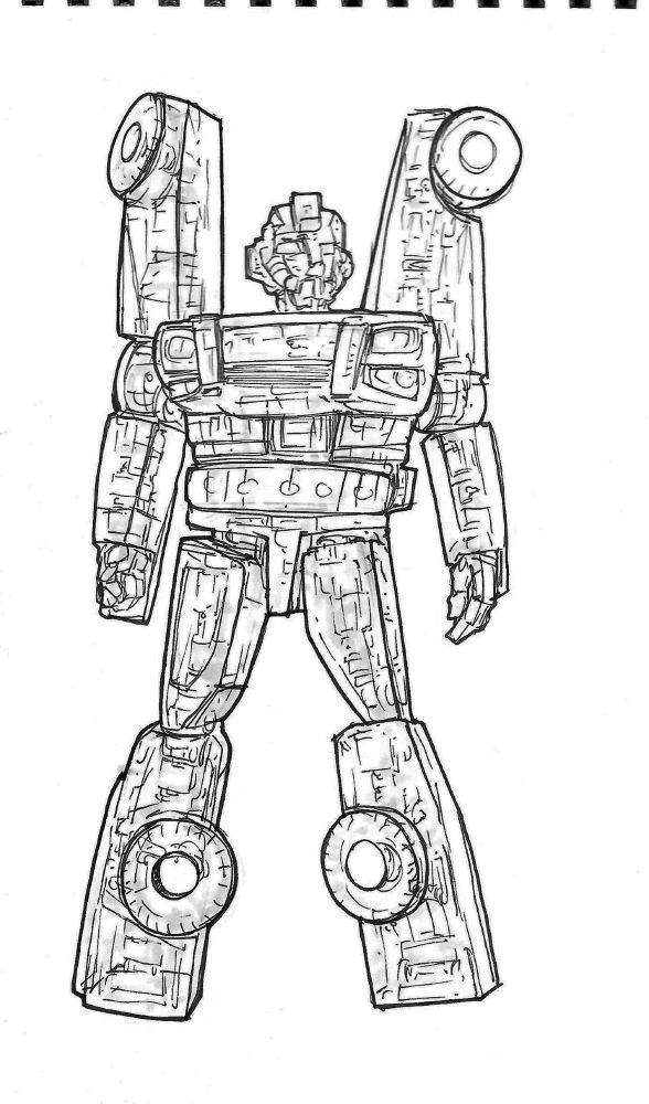 Black and white illustration of a humanoid robot. He stands straight, and his body shape reveals car parts - car tires on his shins and shoulders, a car grill for a chest, and a police lights on his abdomen. He has transparent skin with hints of mechanical insides across his body. 