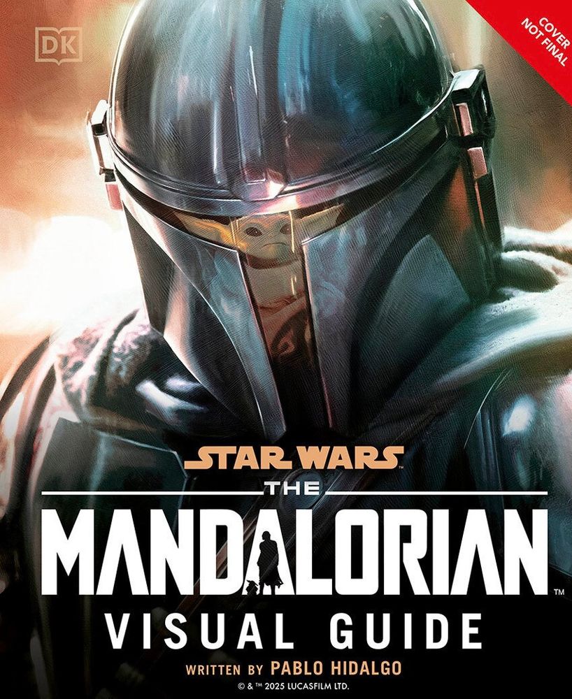 Covers to Star Wars: The Mandalorian Visual Guide. Has a closeup of Mandi’s helmet reflecting Grogu in the visor. 
