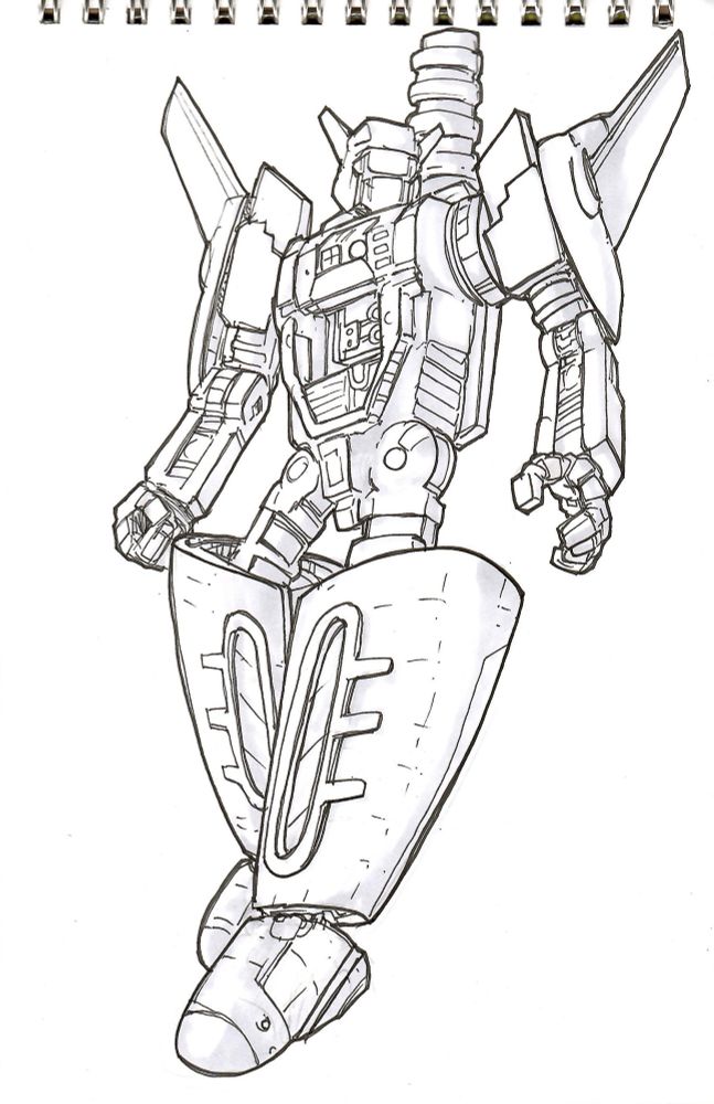 Black and white illustration of a humanoid robot in mid-hover. He has widely flared lower legs suggesting a streamlined fuselage and a split nose cone for feet. From his arms extend wings. His face is masked and his back has a large corrugated pipe extending upwards. 